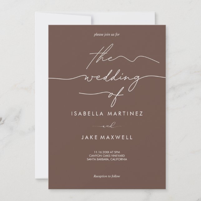 Warm Brown & White Modern Script Wedding Invitation (Front)