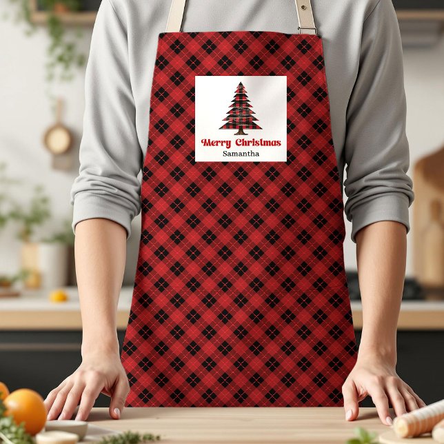 Warm Buffalo Plaid Tree Personalized Holiday Kitch Apron (Warm Buffalo Plaid Tree Personalized Holiday Kitchen Apron)