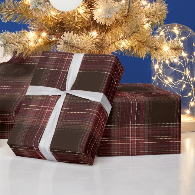 Warm Burgundy Brown Autumn Clay Plaid Pattern Wrapping Paper (Holidays)