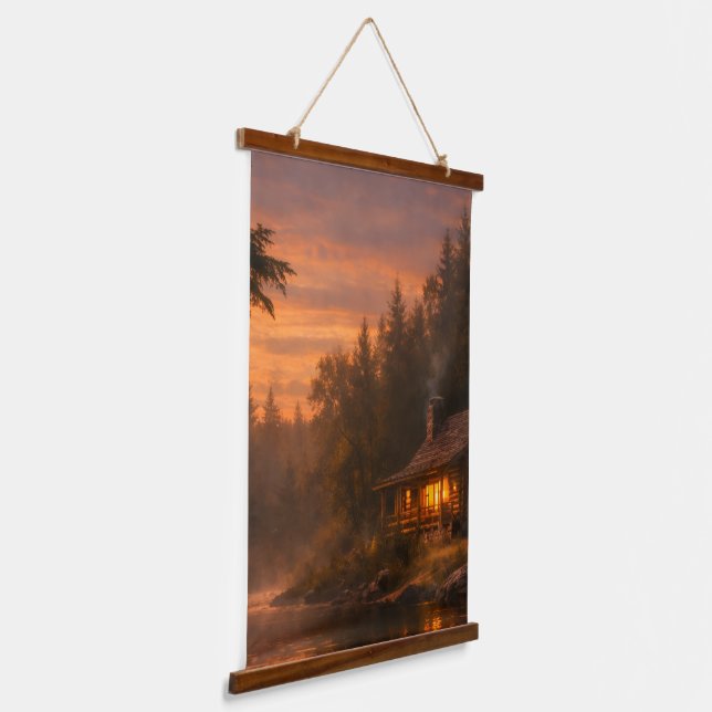 Warm Cabin at Dusk Vertical Wall Tapestry (Angled)