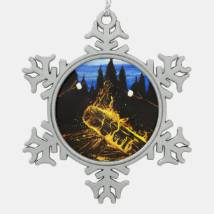 Warm Campfire Glow Beneath a Peaceful Wilderness Snowflake Pewter Christmas Ornament