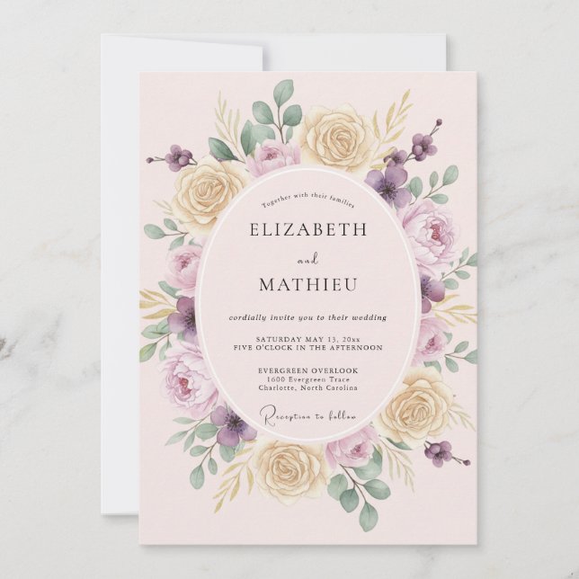 Warm Champagne Lilac Peony Wedding Invitation (Front)