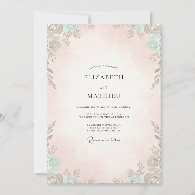 Warm Champagne Mint Leafy Wedding Invitation (Front)