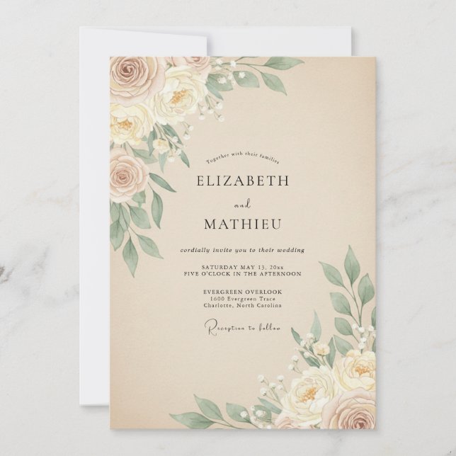 Warm Champagne Taupe Leafy Wedding Invitation (Front)