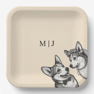 Warm Champagne - Vintage Whimsical Corgi Wedding Paper Plate