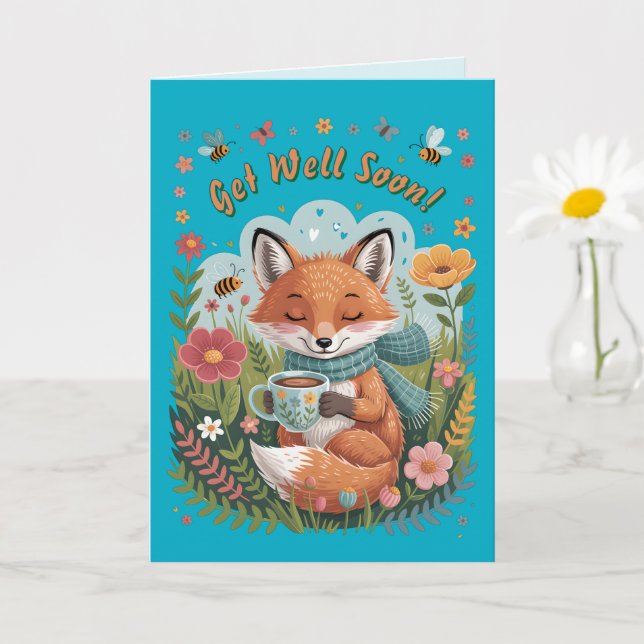 Warm & Cheerful Cosy Woodland Fox Get Well Soon! Card (Small Plant)