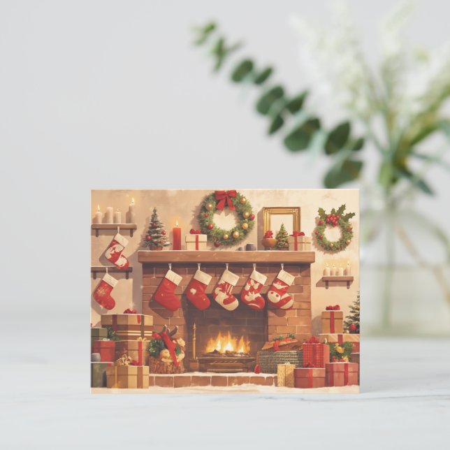 Warm Christmas Fireplace Scene Holiday Postcard (Standing Front)