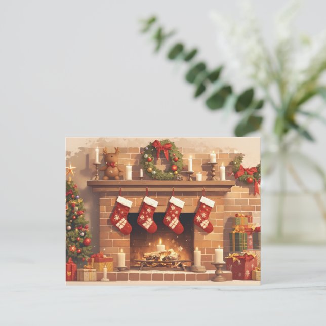 Warm Christmas Fireplace Scene Holiday Postcard (Standing Front)