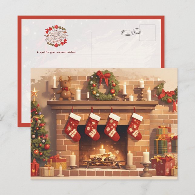 Warm Christmas Fireplace Scene Postcard (Front/Back)