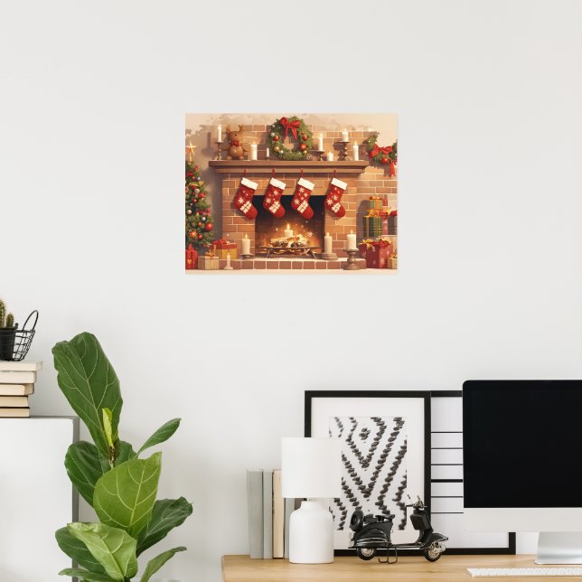 Warm Christmas Fireplace Scene Poster (Home Office)