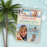 Warm Christmas Greetings Flamingos Photo Collage Holiday Card<br><div class="desc">Flamingos family Christmas flat photo card with a place for five pictures of the kids, pets, parents or vacation photos. Beneath the two photo templates at the top is a row of pink flamingos wearing tropical holiday wreaths and standing among tiny blue starfish. Teal blue text is easy to customise...</div>