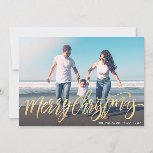 Warm christmas greetings gold script photo card (Front)
