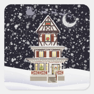 Warm Christmas Holiday Home in Silent Snowfall Square Sticker