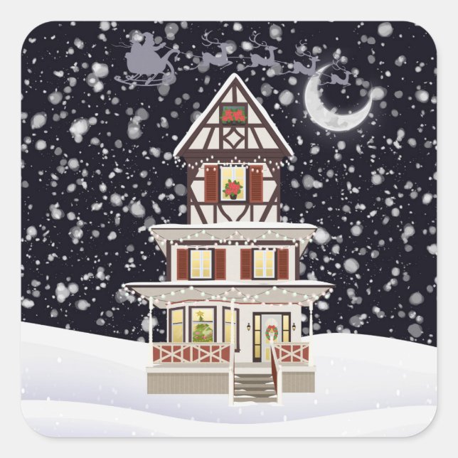 Warm Christmas Holiday Home in Silent Snowfall Square Sticker (Front)