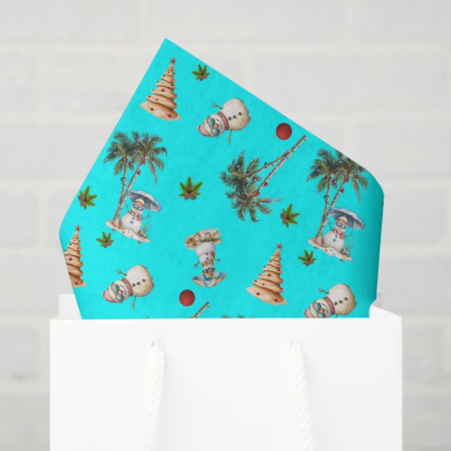 Warm Christmas Palm Trees Snowmen Aqua Tissue Paper (Gift Bag)