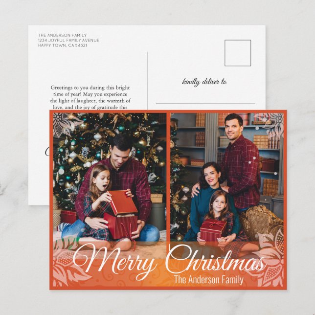 Warm Christmas Poinsettia Red Frame 2 Photo Holiday Postcard (Front/Back)