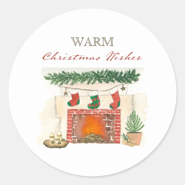 Warm Christmas Wishes Cosy Winter Fireplace Classic Round Sticker (Front)