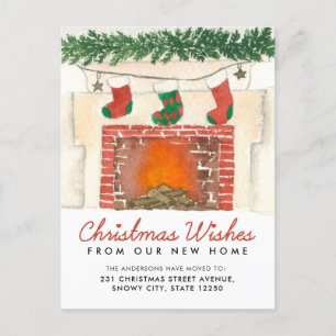 Warm Christmas Wishes Fireplace Holiday Moving Announcement Postcard