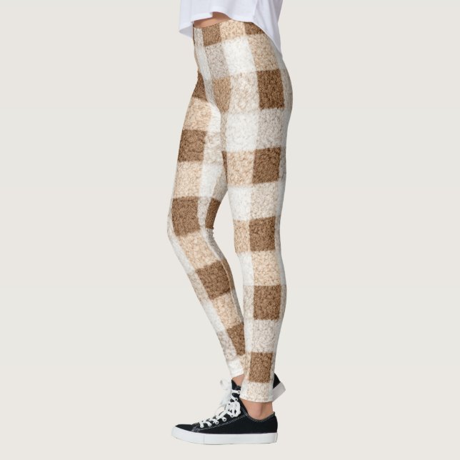 Warm Cocoa Cream Brown Plaid Stripes Leggings (Left)