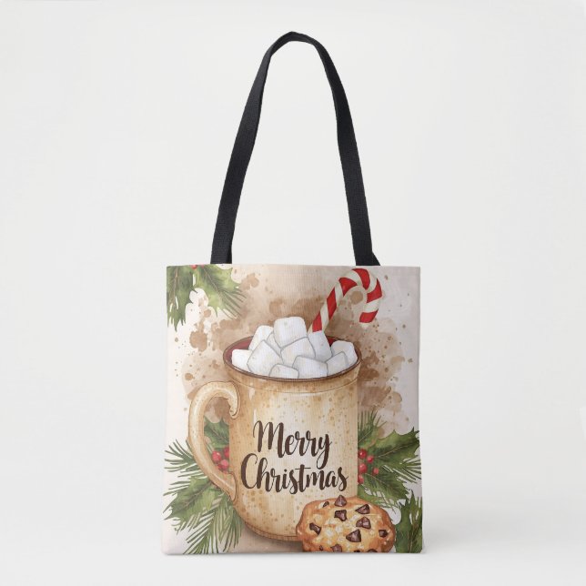 Warm cocoa merry Christmas cookie holly rustic Tote Bag (Front)