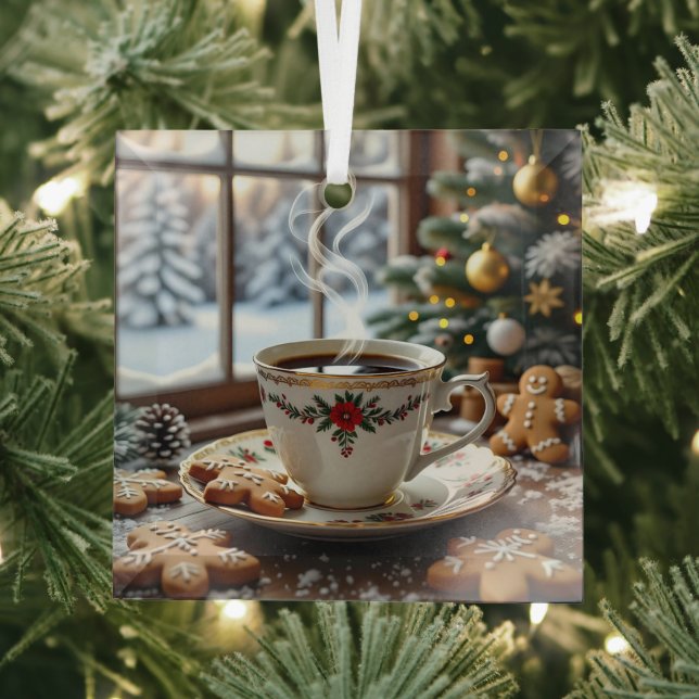 Warm Coffee and Gingerbread Cookies Christmas Glass Tree Decoration (Insitu)