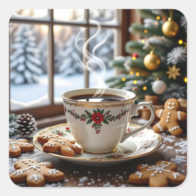 Warm Coffee and Gingerbread Cookies Christmas Square Sticker (Front)