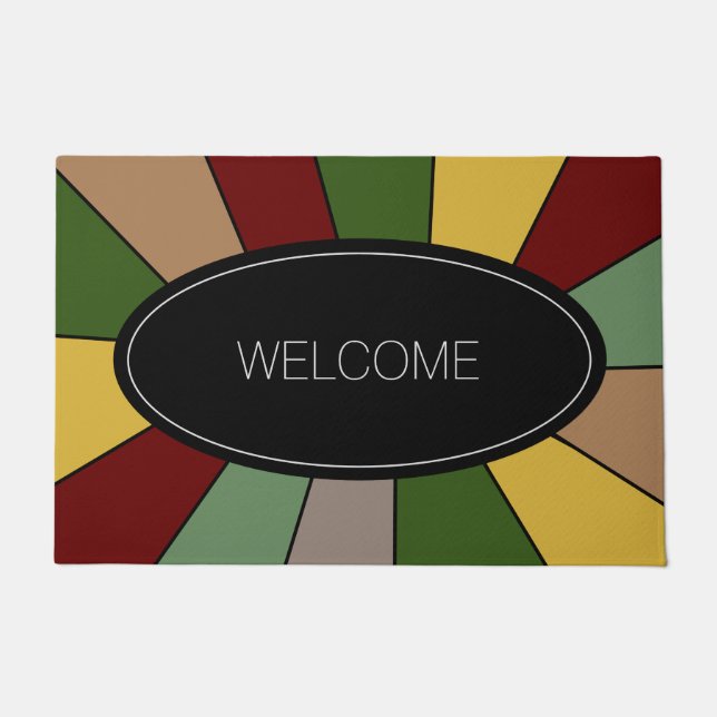 Warm Colourful Mosaic Design on Black Welcome Doormat (Front)