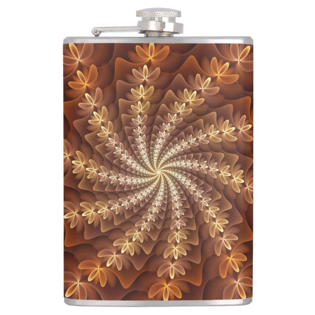 Warm Colours, Trippy Modern Fractal Art Pattern Hip Flask (Front)
