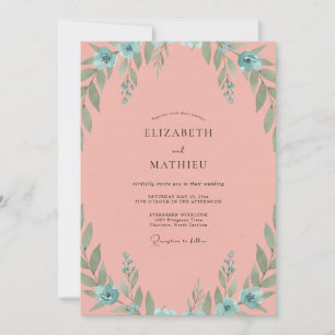 Warm Coral Aqua Leafy Wedding Invitation