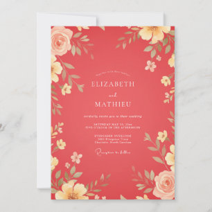 Warm Coral Leafy Wedding Invitation