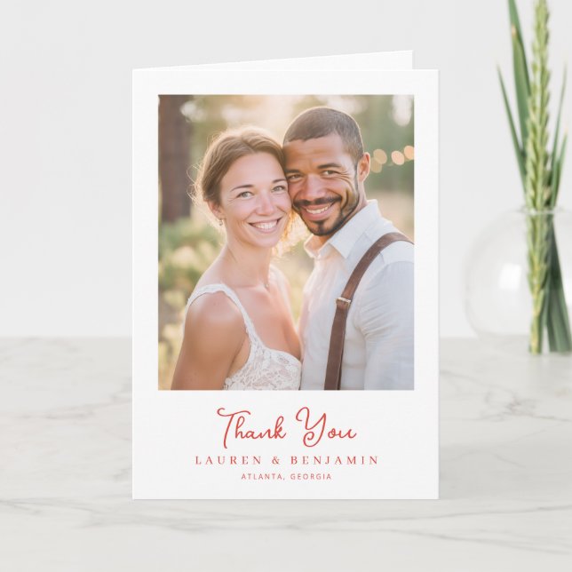 Warm Coral Minimalist Photo Thank You Card (Front)