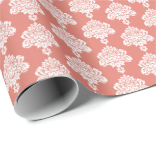 Warm Coral   White Damask Wrapping Paper