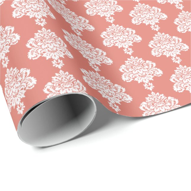 Warm Coral | White Damask Wrapping Paper (Roll Corner)