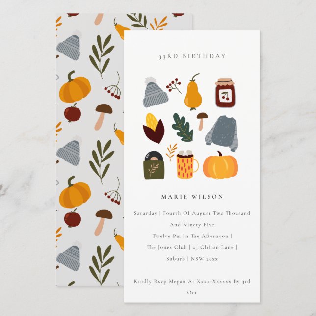 Warm Cosy Autumn Essential Any Age Birthday Invite (Front/Back)