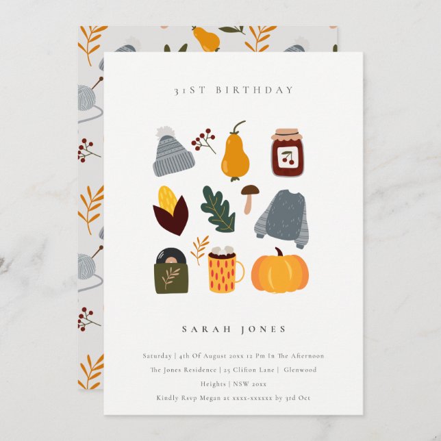Warm Cosy Autumn Essential Any Age Birthday Invite (Front/Back)