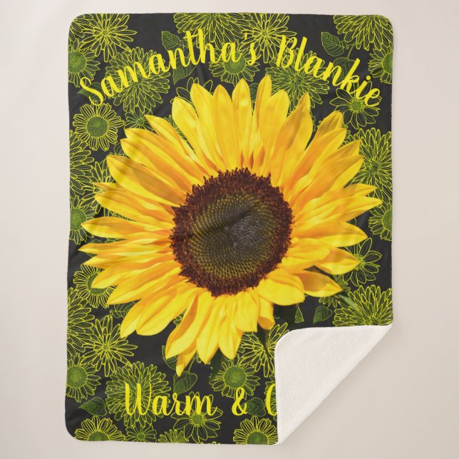 Warm & Cosy Bright Yellow Sunflower Personalised Sherpa Blanket (Front)