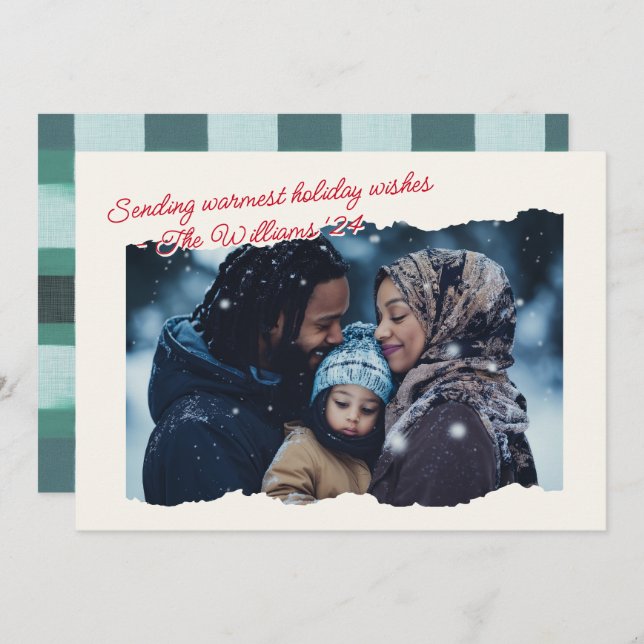 Warm Cosy Plaid Modern Photo Script  Holiday Card (Front/Back)