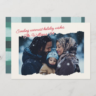 Warm Cosy Plaid Modern Photo Script  Holiday Card
