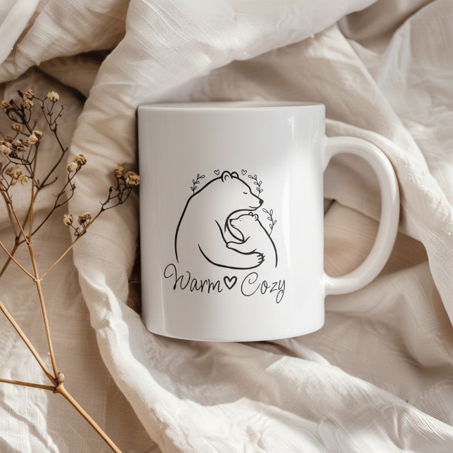 Warm Cozy Bear Hug Line Art Design Coffee Mug (Warm, cozy bear hug line art with a calm minimalist aesthetic)