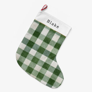 Warm Cream Green Plaid Stripes Christmas Large Christmas Stocking