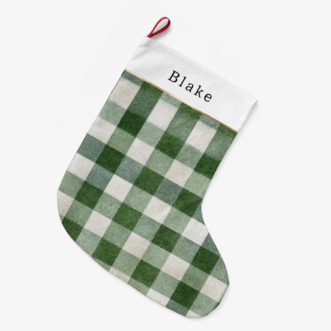Warm Cream Green Plaid Stripes Christmas Large Christmas Stocking (Front (Hanging))
