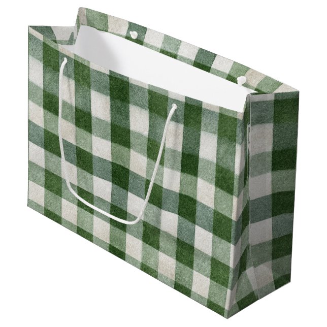 Warm Cream Green Plaid Stripes Christmas Large Gift Bag (Front Angled)