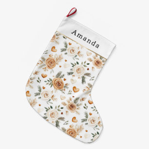 Warm Creamy Caramel Flowers & Hearts Christmas Large Christmas Stocking