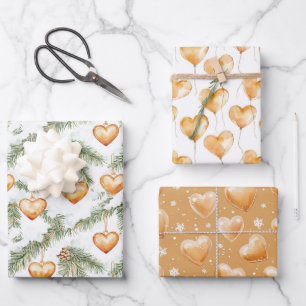 Warm Creamy Caramel Hearts Christmas Tree Branches Wrapping Paper Sheet