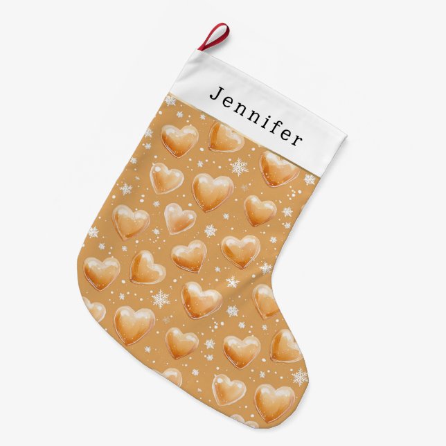 Warm Creamy Caramel Hearts Snowflakes Christmas Large Christmas Stocking (Front (Hanging))