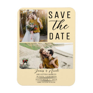 Warm Custard Modern 2 Photos Save the Date Wedding Magnet