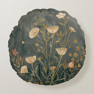 Warm Dark Gray Peach Sage Vintage Wildflower Round Cushion