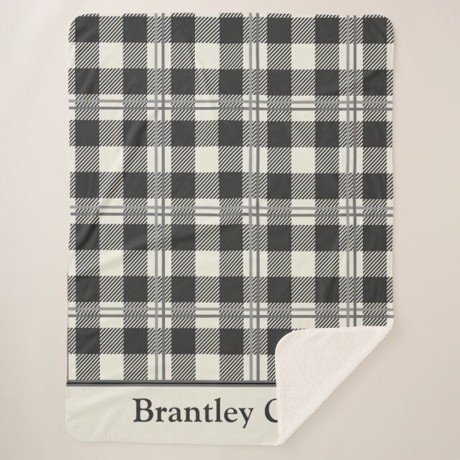 Warm Dark Grey Off White Buffalo Plaid Sherpa Blanket (Front)