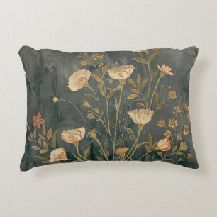 Warm Dark Grey Peach Sage Vintage Wildflower Decorative Cushion