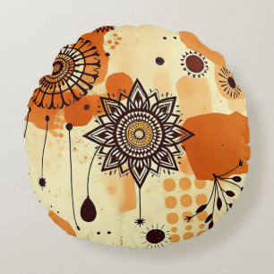 Warm Earthy Rustic Mandala Boho Floral Round Cushion